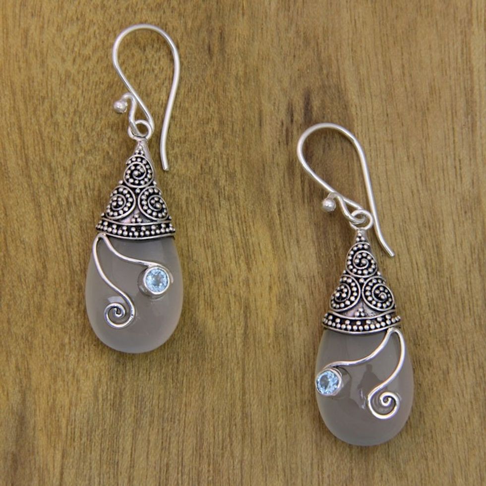 Chalcedony, Blue Topaz and Sterling Silver 925 Earrings 'Tropical Tendril'