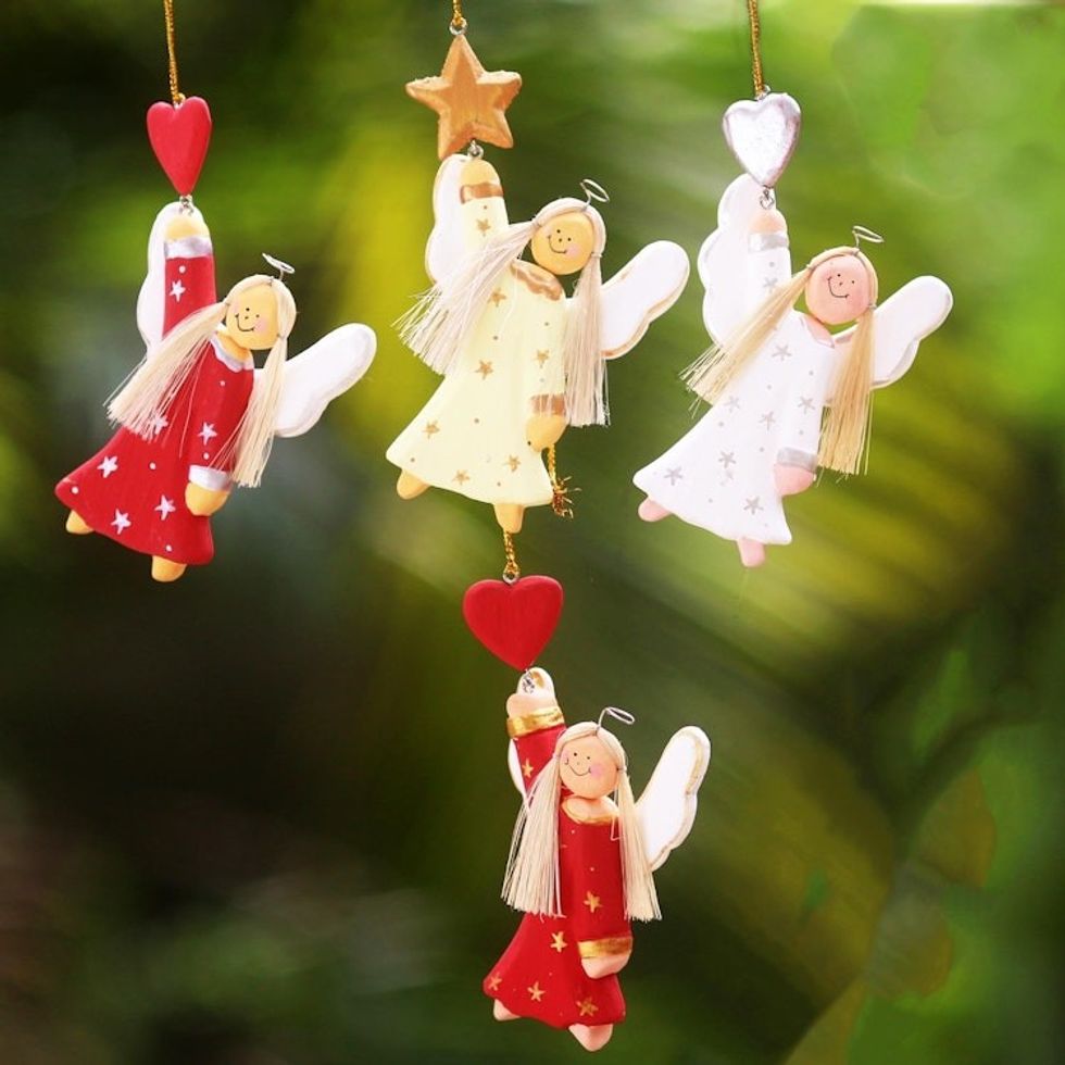 Artisan Crafted Set of 4 Wood Angel Ornaments from Bali 'Dream Angels'