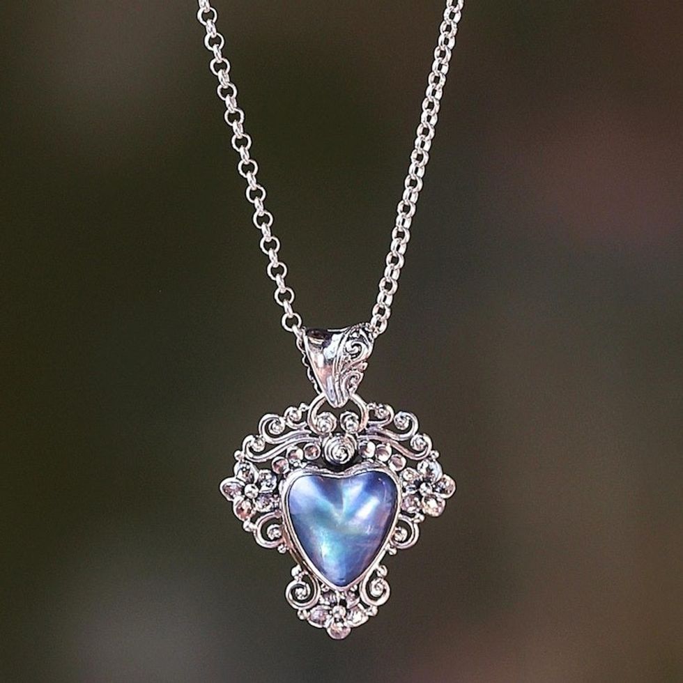 Heart Shaped Blue Cultured Mabe Pearl Pendant Necklace 'Blue Heart in Bloom'
