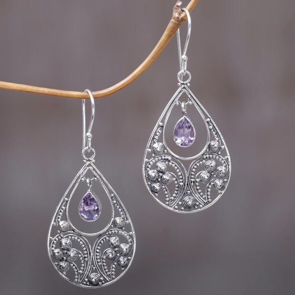 Alternate image for Amethyst and Sterling Silver Dangle Earrings Bali Crest