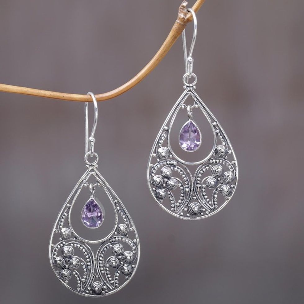 Amethyst and Sterling Silver Dangle Earrings 'Bali Crest'