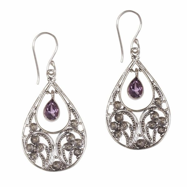 Alternate image for Amethyst and Sterling Silver Dangle Earrings Bali Crest