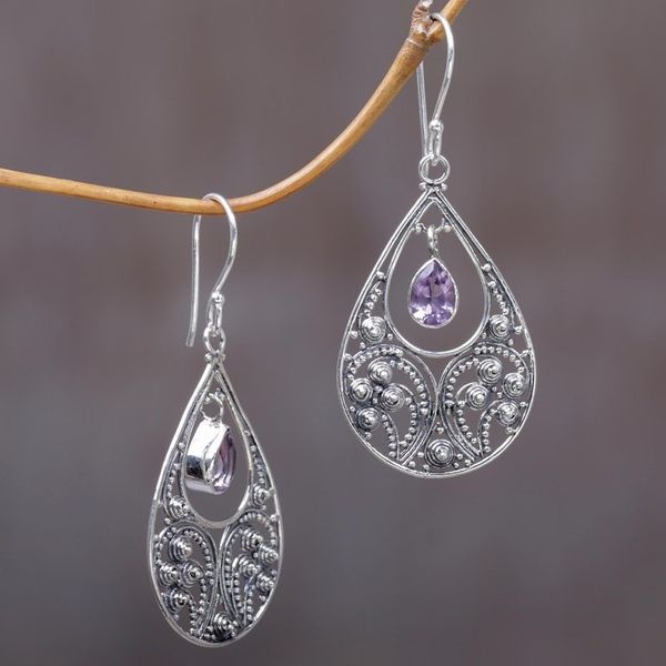 Alternate image for Amethyst and Sterling Silver Dangle Earrings Bali Crest
