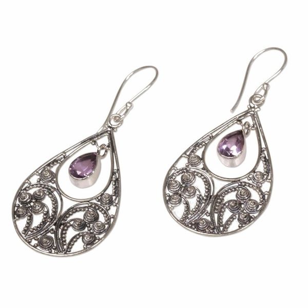 Alternate image for Amethyst and Sterling Silver Dangle Earrings Bali Crest