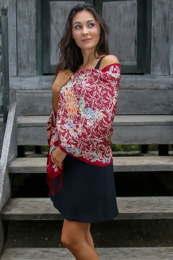 Alternate image for Multicolored Batik Flowers Hand Stamped on a Silk Shawl Blossoming Opulence