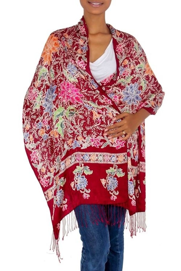 Alternate image for Multicolored Batik Flowers Hand Stamped on a Silk Shawl Blossoming Opulence