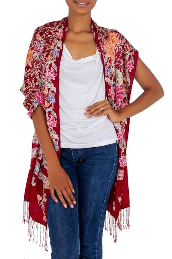 Alternate image for Multicolored Batik Flowers Hand Stamped on a Silk Shawl Blossoming Opulence