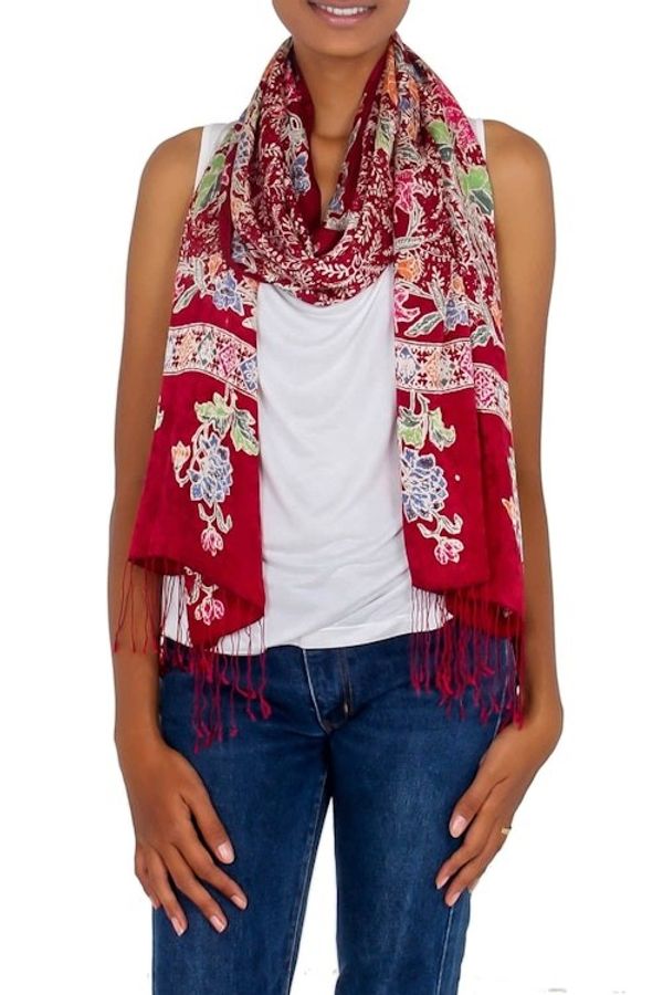 Alternate image for Multicolored Batik Flowers Hand Stamped on a Silk Shawl Blossoming Opulence