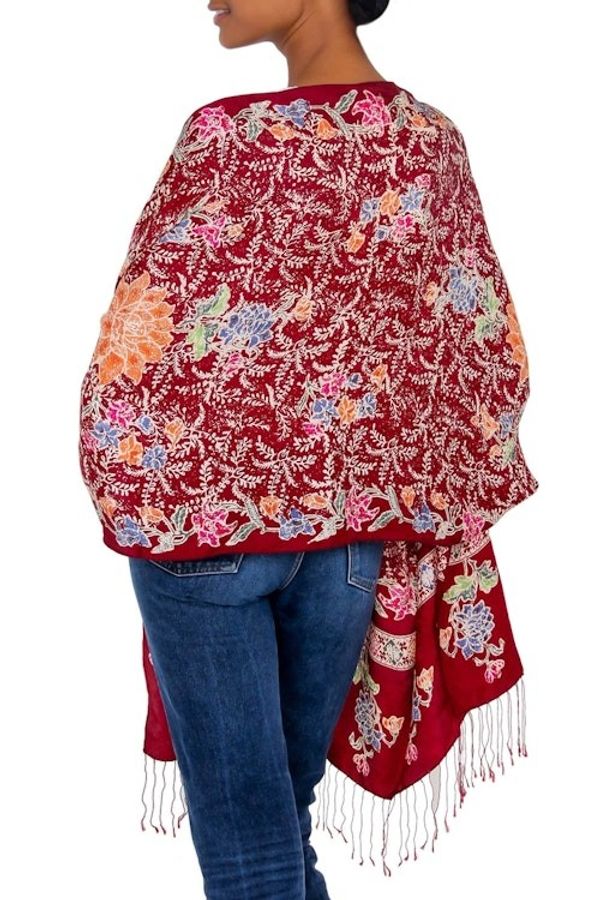 Alternate image for Multicolored Batik Flowers Hand Stamped on a Silk Shawl Blossoming Opulence