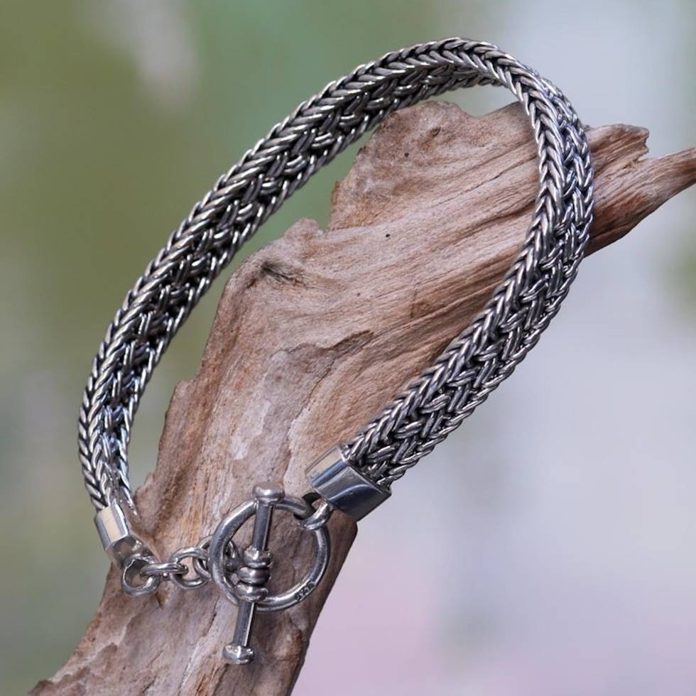 Balinese Braided Sterling Silver Bracelet with Toggle Clasp 'Tukad Pakerisan'