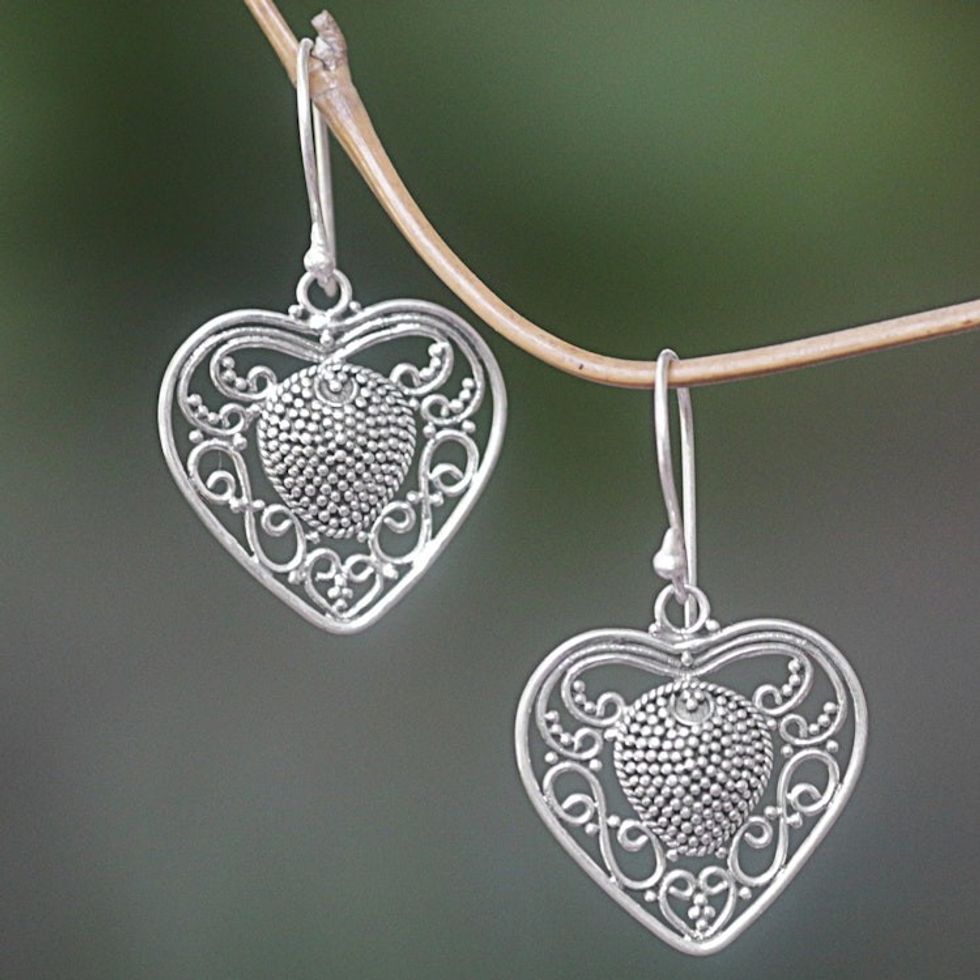 Sterling Silver Heart Dangle Earrings from Indonesia 'Heart-Shaped Offering'