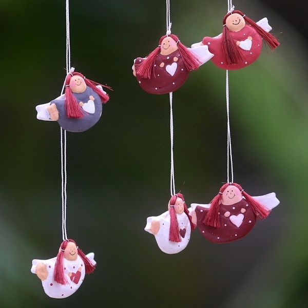 Alternate image for Set of 6 Red-Haired Wooden Angel Ornaments with Hearts Red-headed Angels