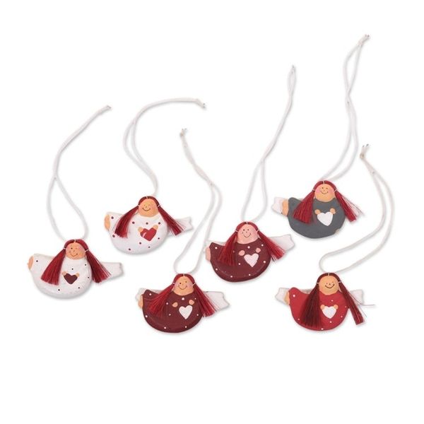 Alternate image for Set of 6 Red-Haired Wooden Angel Ornaments with Hearts Red-headed Angels
