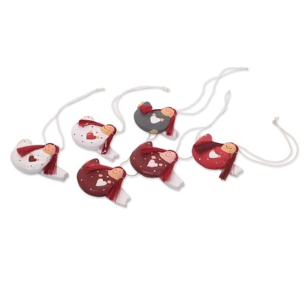 Alternate image for Set of 6 Red-Haired Wooden Angel Ornaments with Hearts Red-headed Angels