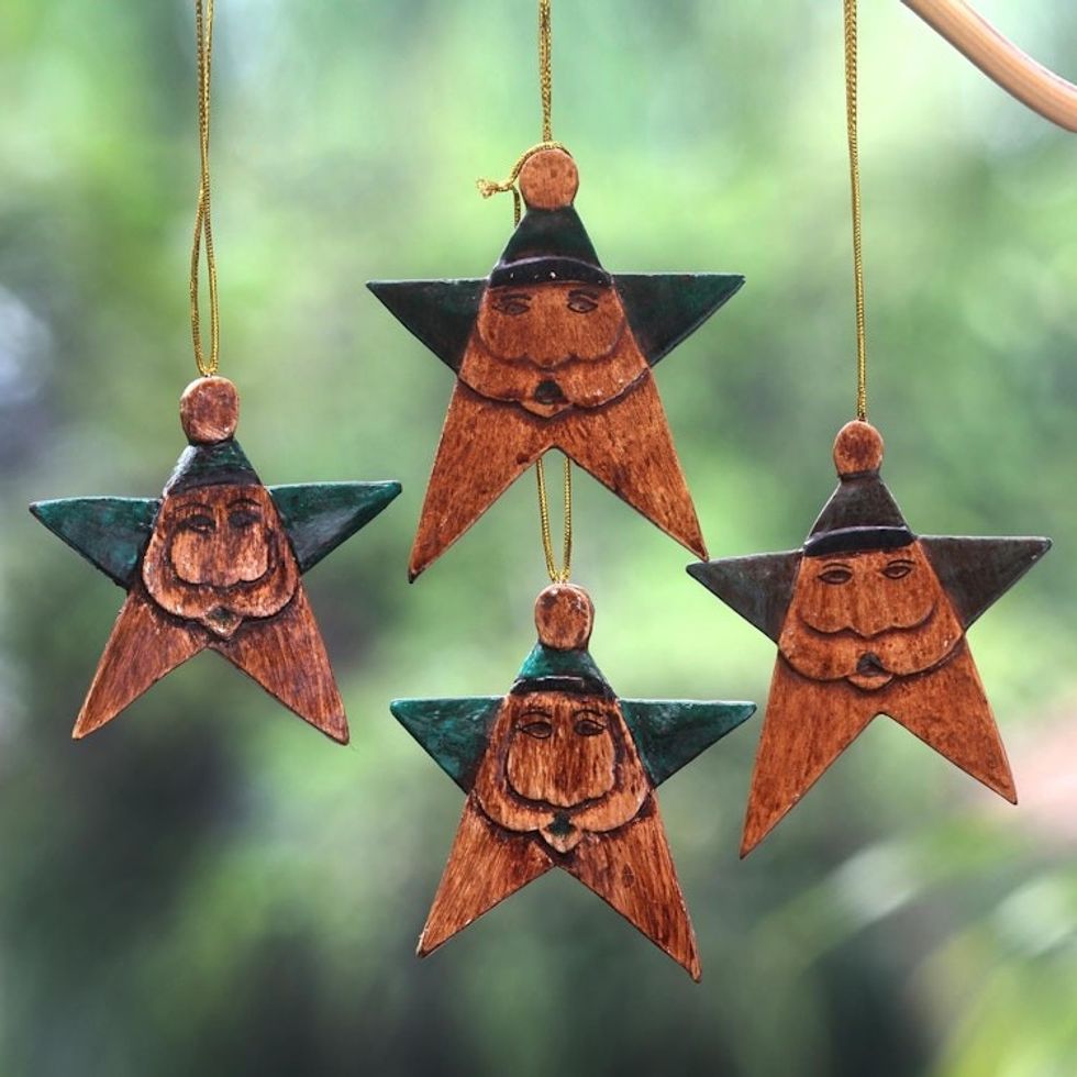 Green Santa Stars Wood Ornaments Handmade in Bali Set of 4 'Green Santa Stars'