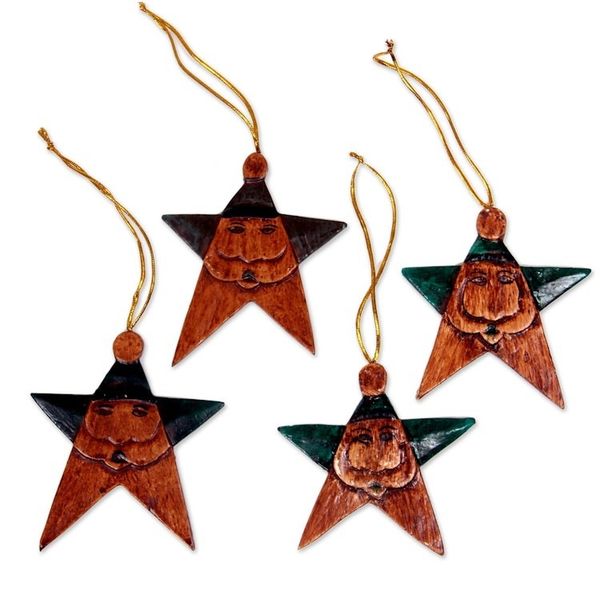 Alternate image for Green Santa Stars Wood Ornaments Handmade in Bali Set of 4 Green Santa Stars