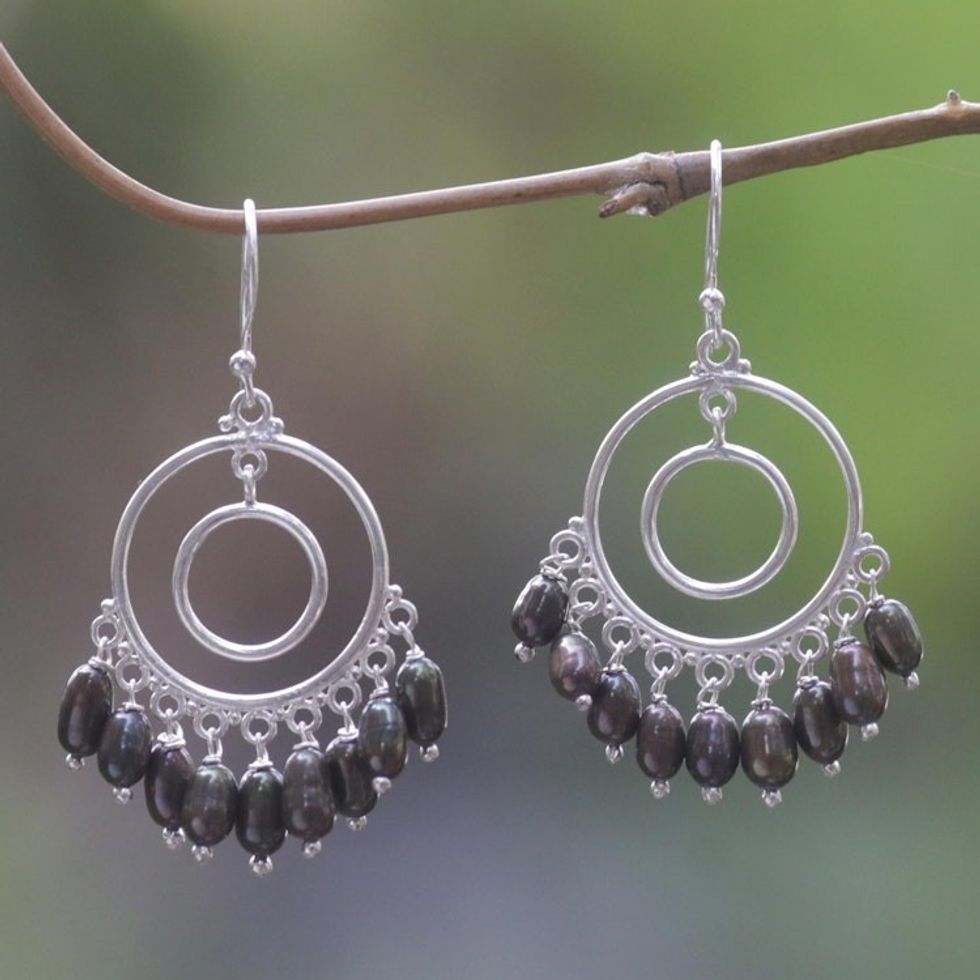 Handmade Cultured Pearl Sterling Silver Chandelier Earrings 'Halo Eclipse'