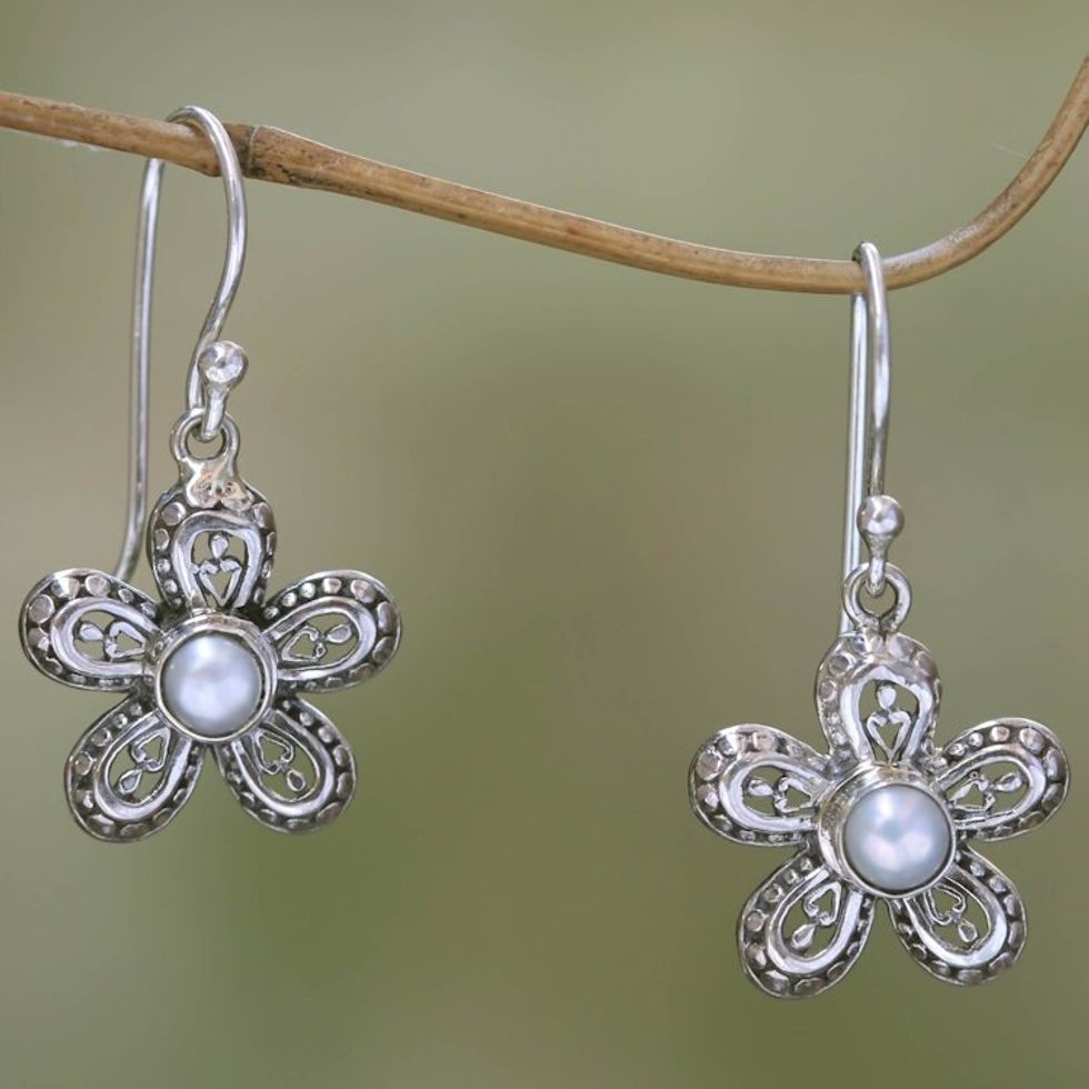 Pearl and Sterling Silver Flower Dangle Earrings 'White Forget-Me-Not'