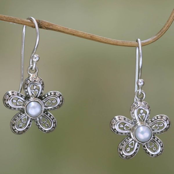 Alternate image for Pearl and Sterling Silver Flower Dangle Earrings White Forget-Me-Not