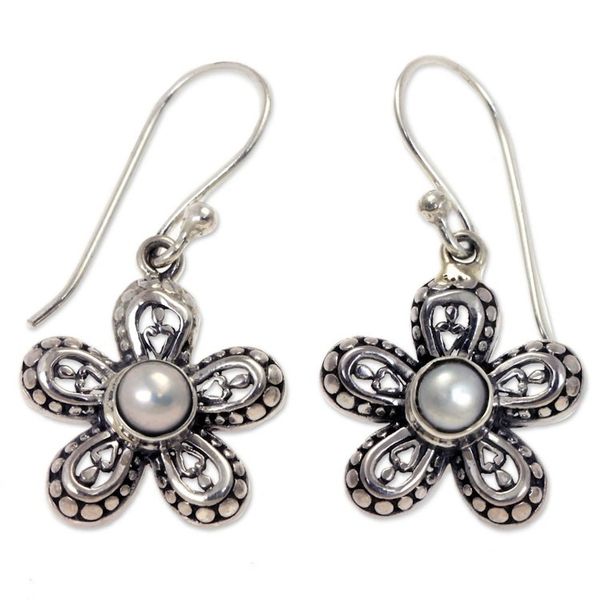 Alternate image for Pearl and Sterling Silver Flower Dangle Earrings White Forget-Me-Not