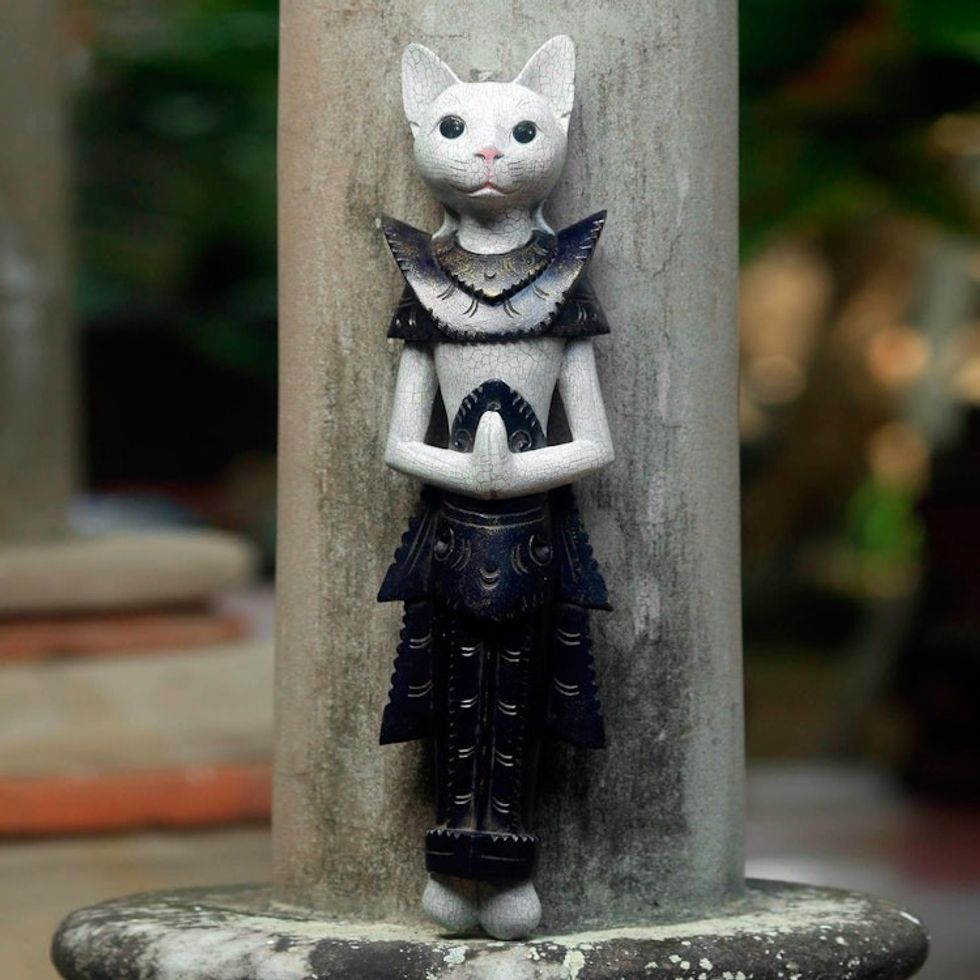 Wood Sculpture of a White Cat in Ancient Thai Dress 'White Palace Cat'