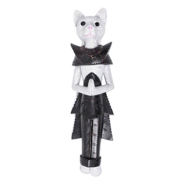 Alternate image for Wood Sculpture of a White Cat in Ancient Thai Dress White Palace Cat