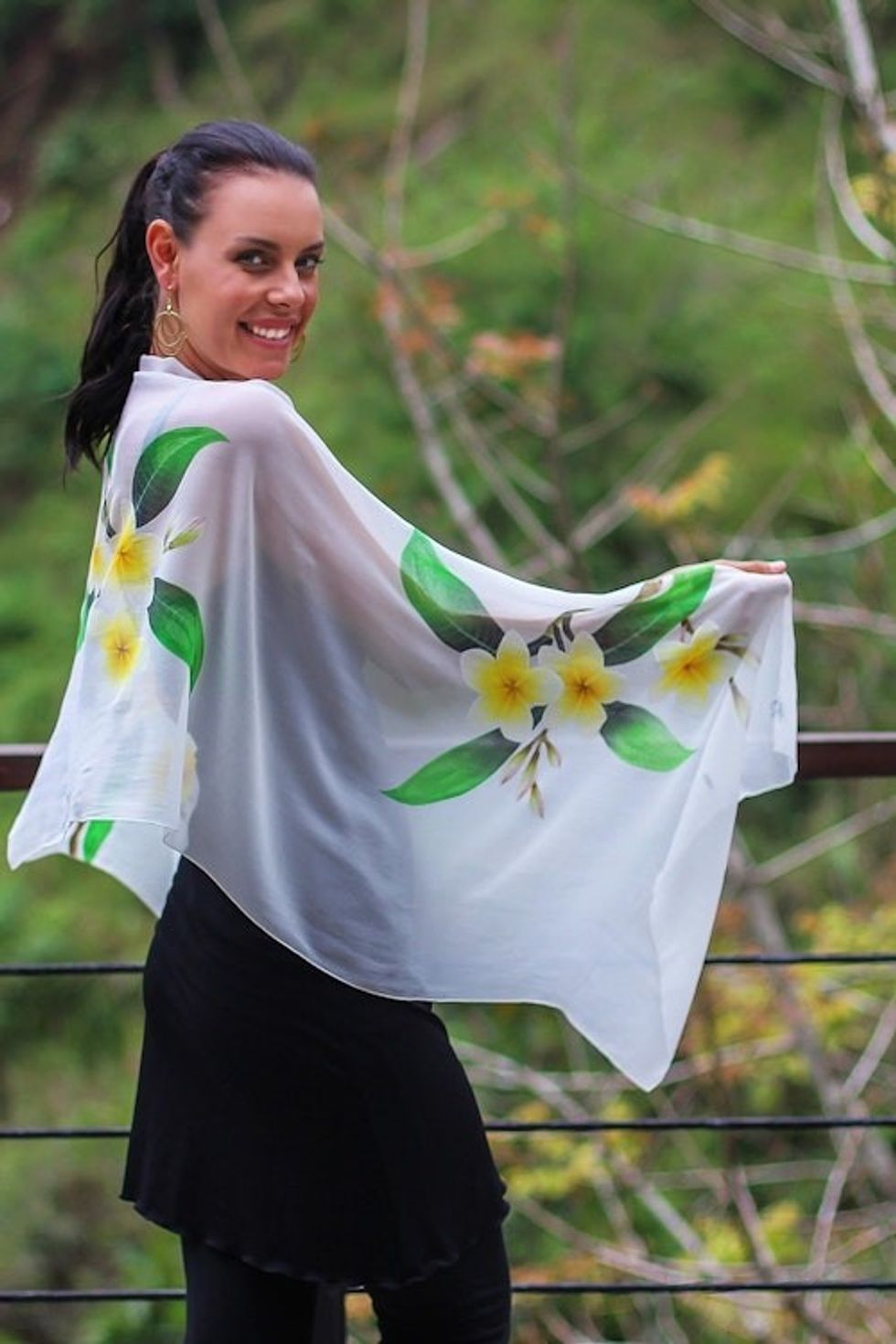 Handpainted Floral Sheer Silk Shawl 'Yellow Frangipani'