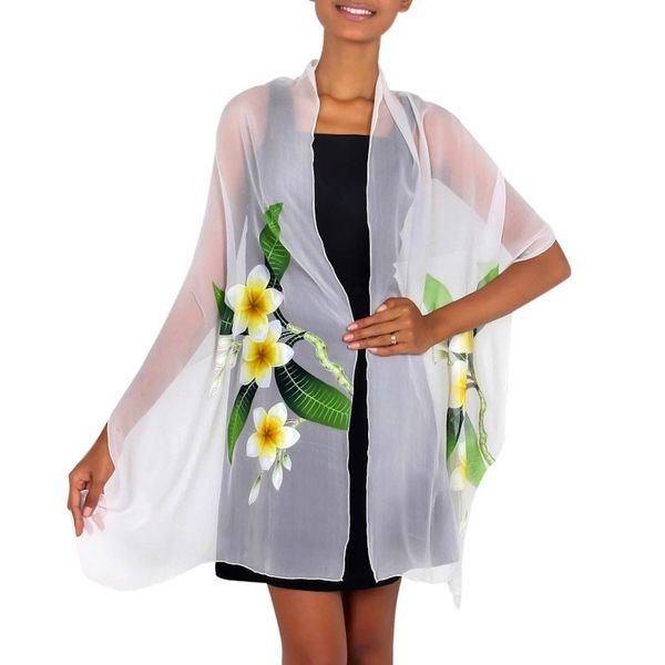 Alternate image for Handpainted Floral Sheer Silk Shawl Yellow Frangipani