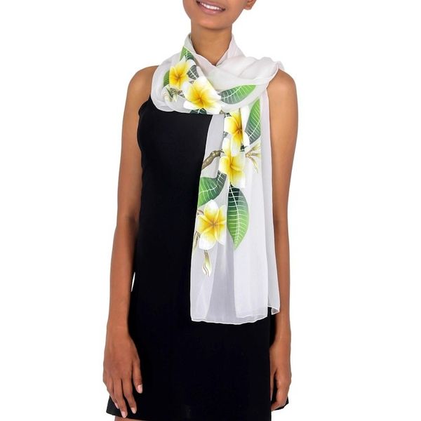 Alternate image for Handpainted Floral Sheer Silk Shawl Yellow Frangipani