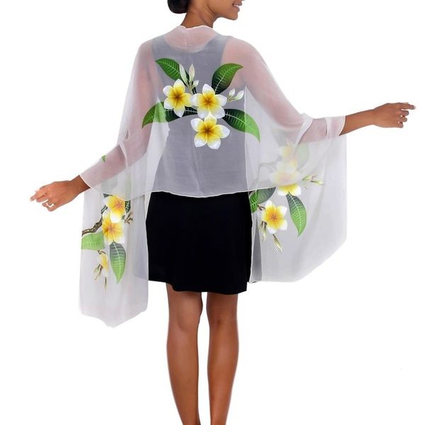 Alternate image for Handpainted Floral Sheer Silk Shawl Yellow Frangipani
