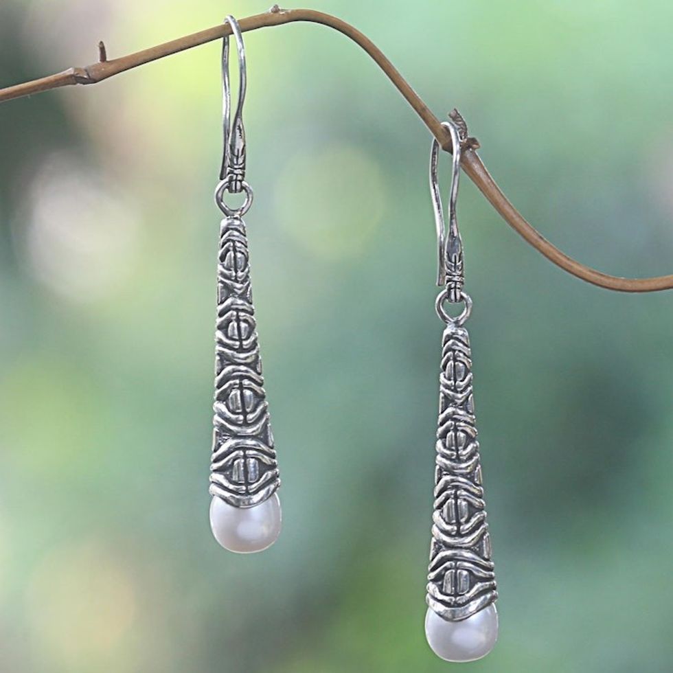 Cultured Pearl Sterling Silver Dangle Earrings Indonesia 'Borobudur Trumpet'