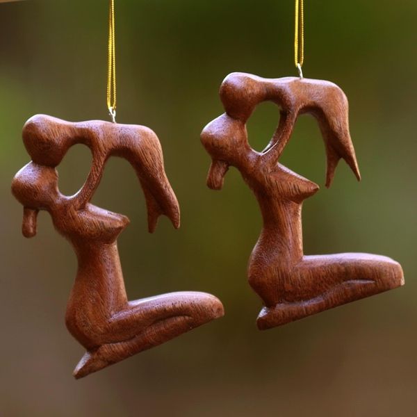 Alternate image for Playful Mother and Baby Ornaments Hand Carved Wood Pair Gentle Touch of a Mother