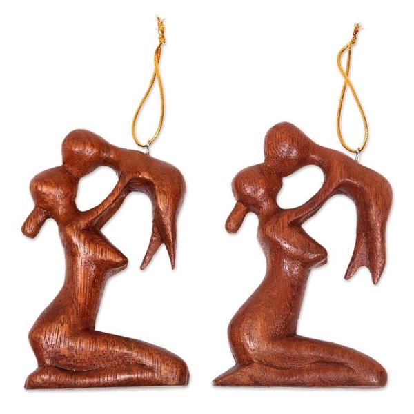 Alternate image for Playful Mother and Baby Ornaments Hand Carved Wood Pair Gentle Touch of a Mother