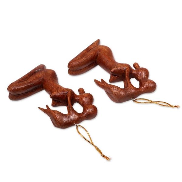 Alternate image for Playful Mother and Baby Ornaments Hand Carved Wood Pair Gentle Touch of a Mother