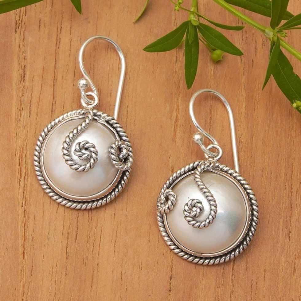 Indonesian Hand-Made Cultured Pearl and Silver Earrings 'Night Moon'