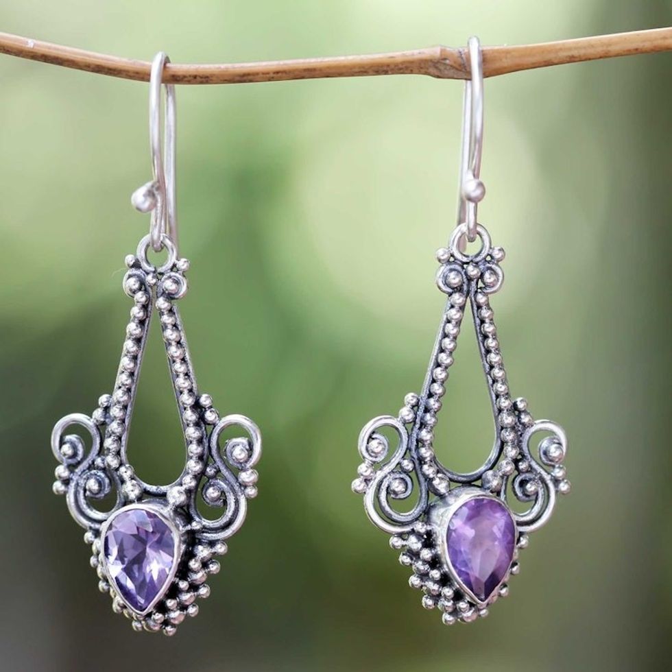 Pisces Amethyst Birthstone on Sterling Silver Hook Earrings 'Balinese Glitz'