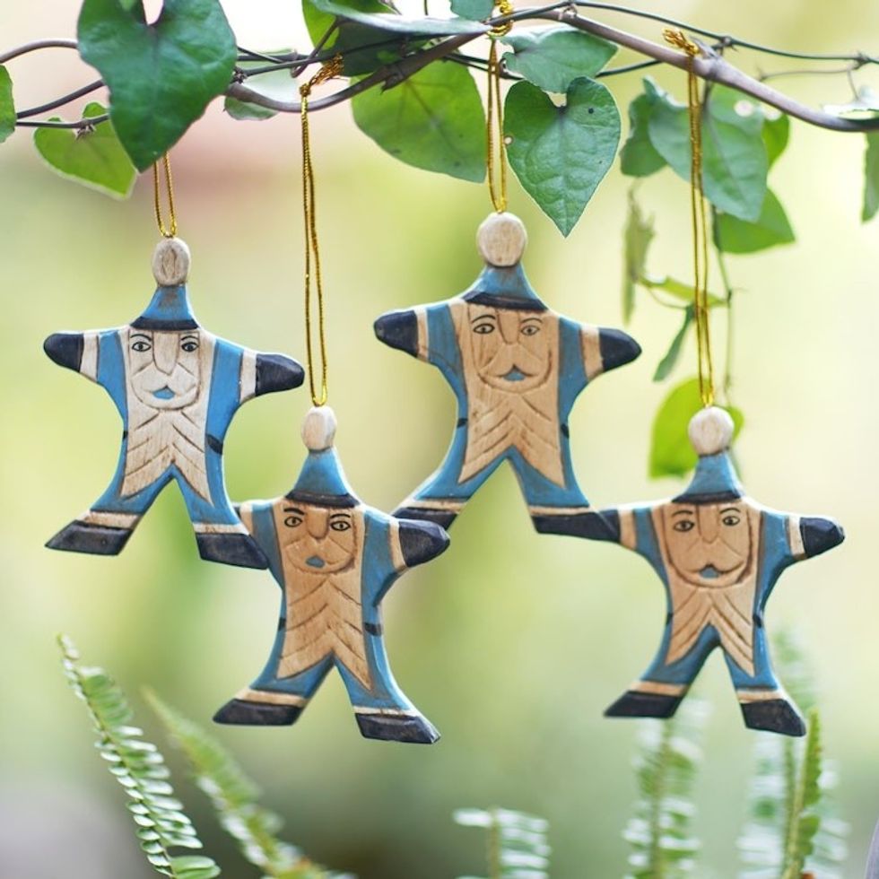 Set of 4 Blue Santa Christmas Ornaments Handpainted in Bali 'Happy Blue Santa'