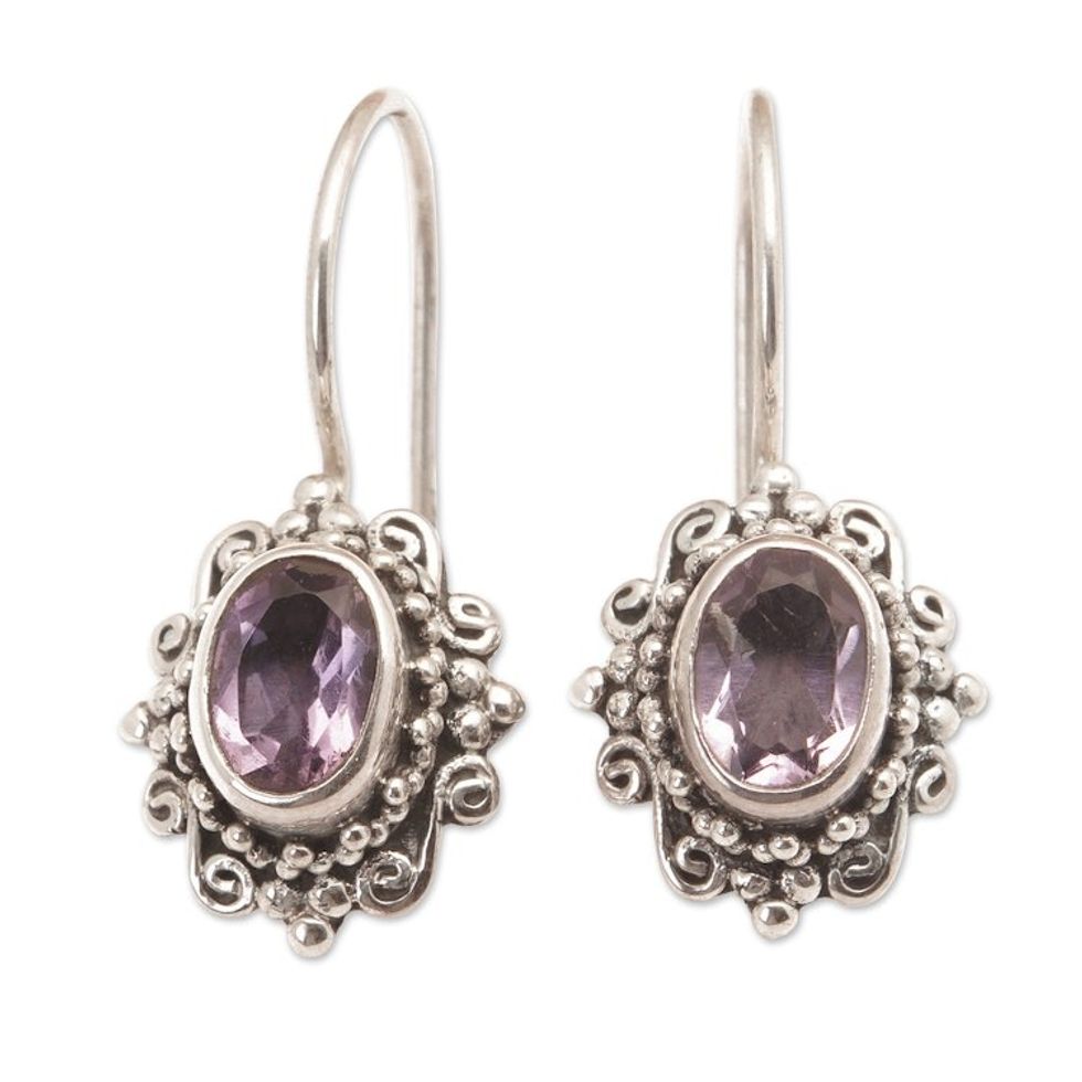 Hand Made Amethyst Sterling Silver Drop Earrings Indonesia 'Nature's Mirrors'
