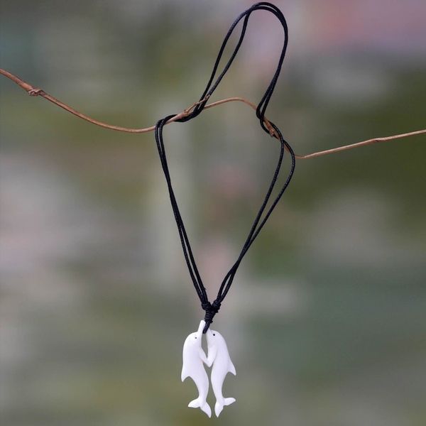 Alternate image for Carved Cow Bone Dolphin Themed Pendant Necklace Twin Dolphins