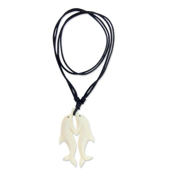 Alternate image for Carved Cow Bone Dolphin Themed Pendant Necklace Twin Dolphins