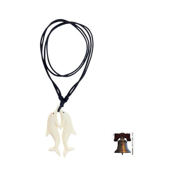 Alternate image for Carved Cow Bone Dolphin Themed Pendant Necklace Twin Dolphins