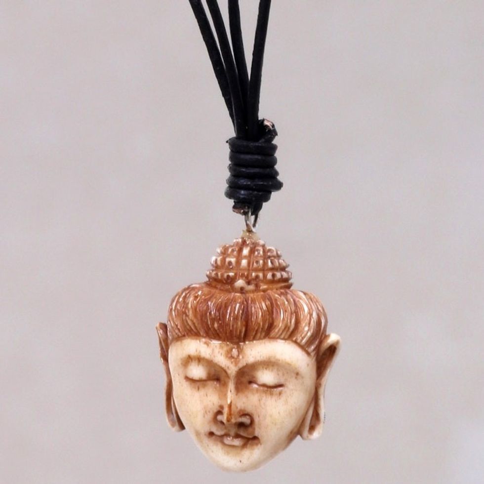Buddha Head Necklace in Carved Cow Bone and Leather 'Buddha Head II'