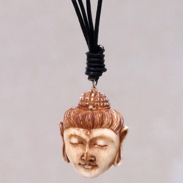 Alternate image for Buddha Head Necklace in Carved Cow Bone and Leather Buddha Head II