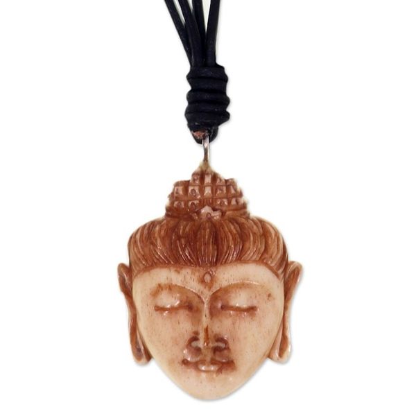 Alternate image for Buddha Head Necklace in Carved Cow Bone and Leather Buddha Head II