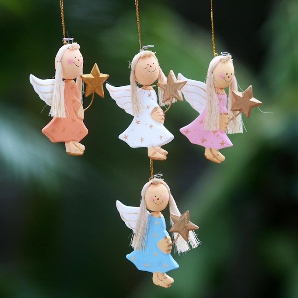 4 Artisan Crafted Angel with Stars Holiday Ornaments Set 'Starlight Angels'