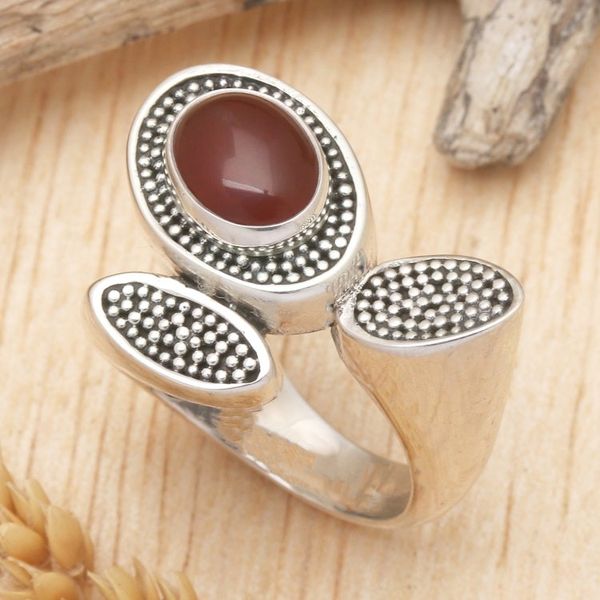 Alternate image for Handcrafted Lotus Theme Sterling Silver and Carnelian Ring Red Lotus