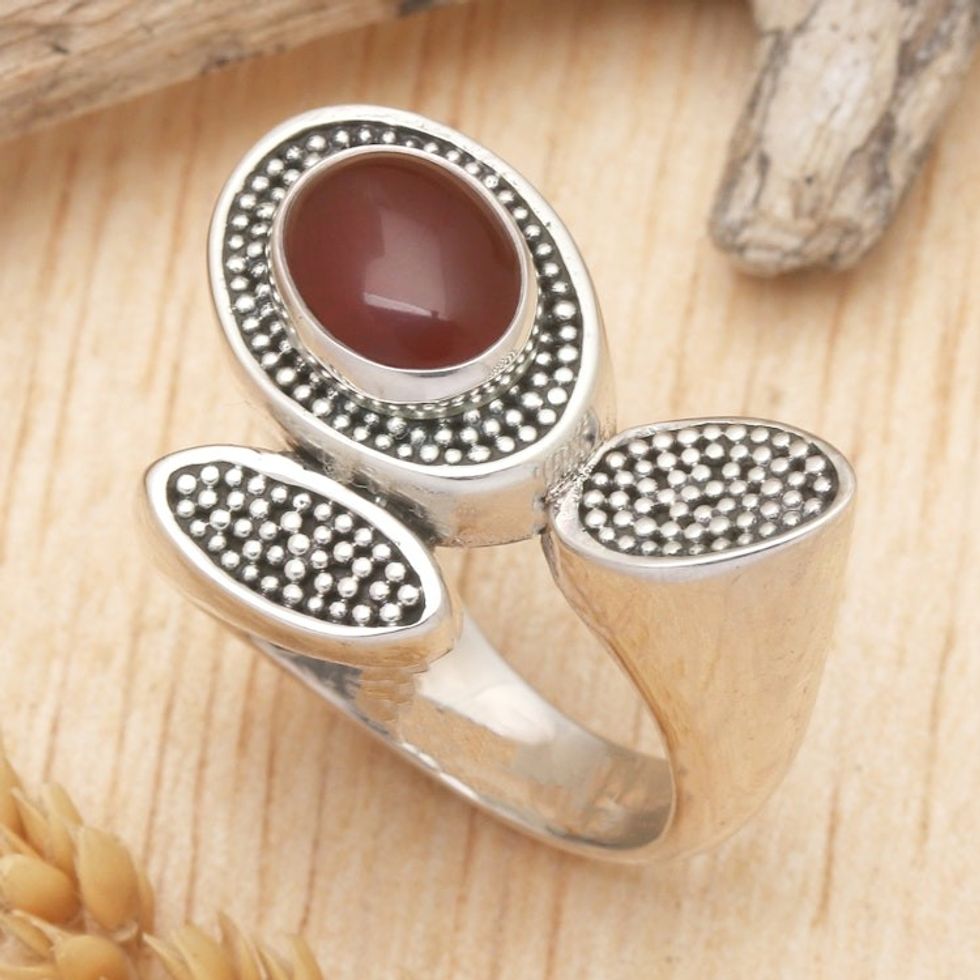 Handcrafted Lotus Theme Sterling Silver and Carnelian Ring 'Red Lotus'