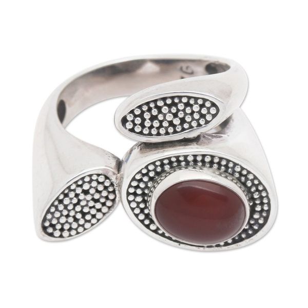Alternate image for Handcrafted Lotus Theme Sterling Silver and Carnelian Ring Red Lotus