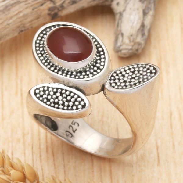 Alternate image for Handcrafted Lotus Theme Sterling Silver and Carnelian Ring Red Lotus