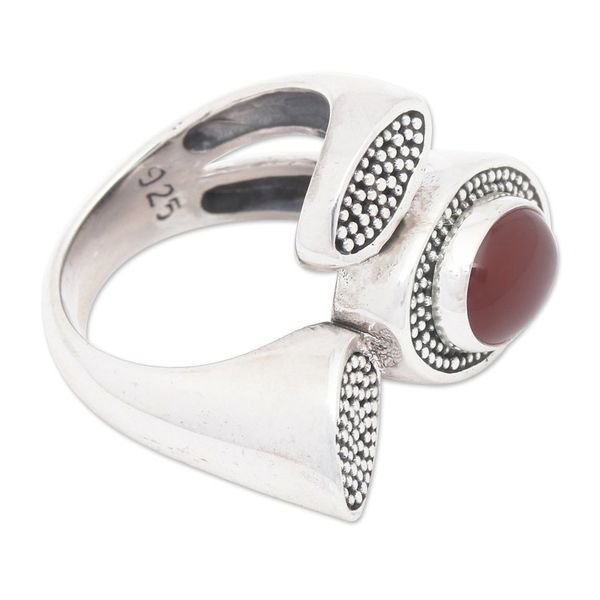 Alternate image for Handcrafted Lotus Theme Sterling Silver and Carnelian Ring Red Lotus